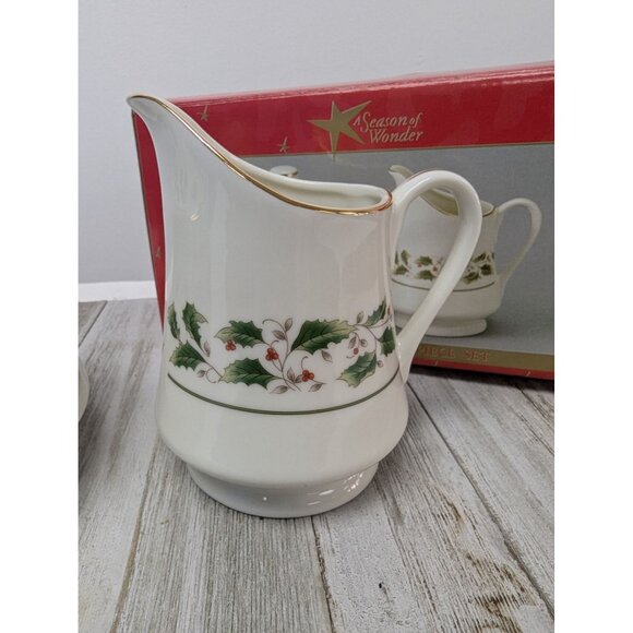 Porcelain Creamer Sugar Bowl Set "A Season Of Wonder" Christmas Holly Design - Picture 3 of 12